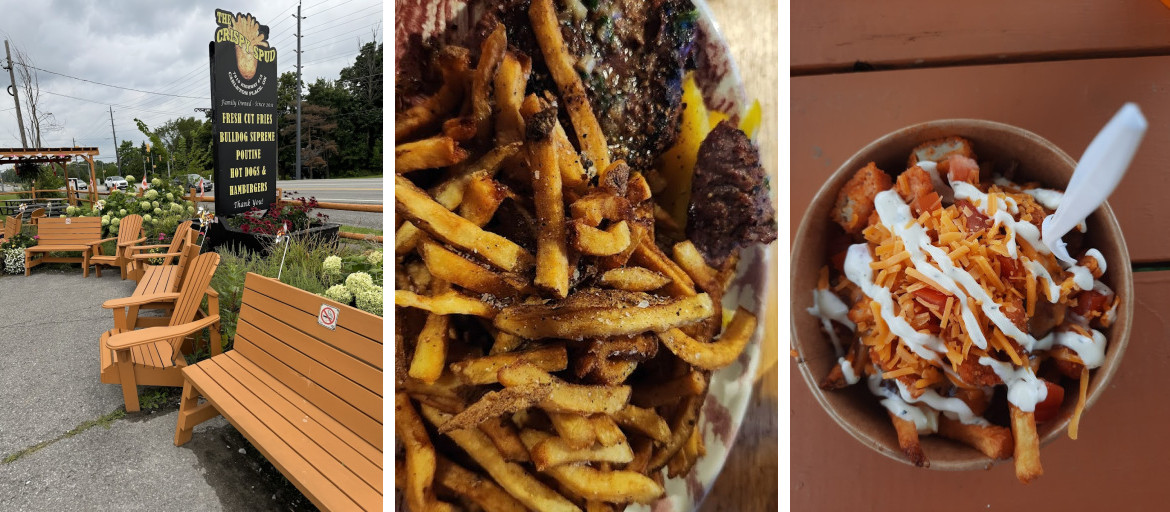 Roadside sign, fries close-up and a loaded bowl