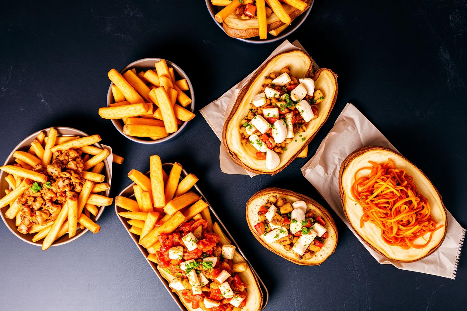 A spread of fresh-cut fries and potato dishes